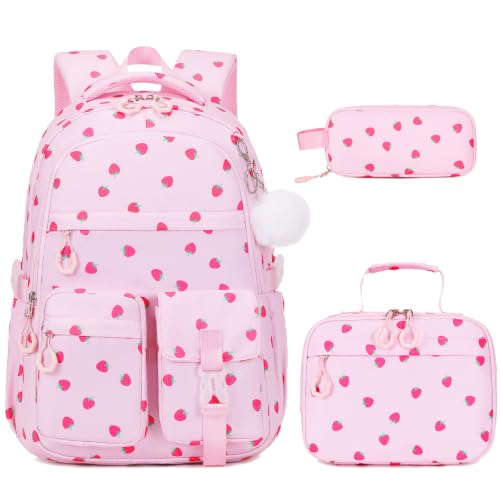 DIGOBAY 3PCS Girls Backpack for School, Kids Backpack for Girls with Lunch Bag Pencil Case, Kids Bookbag Teen Girl Backpacks for Elementary Middle High College School (Pink Strawberry) - color: Pink Strawberry