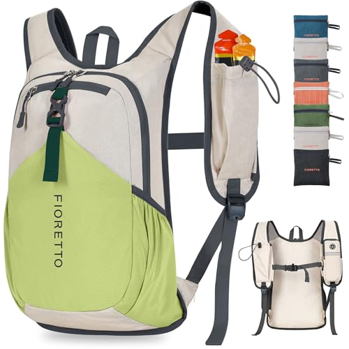 FIORETTO 15L Hiking Backpack for Women Men Mini Packable Backpack Lightweight Small Daypack for Camping Travel Outdoor, Beige and Green - color: Beige and Green, size: 15l