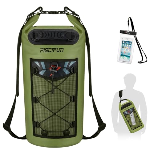 Piscifun Dry Bag, Waterproof Floating Backpack 10L/20L/30L/40L with Waterproof Phone Case for Boating, Kayaking, Fishing - color: Army Green, style: 20l