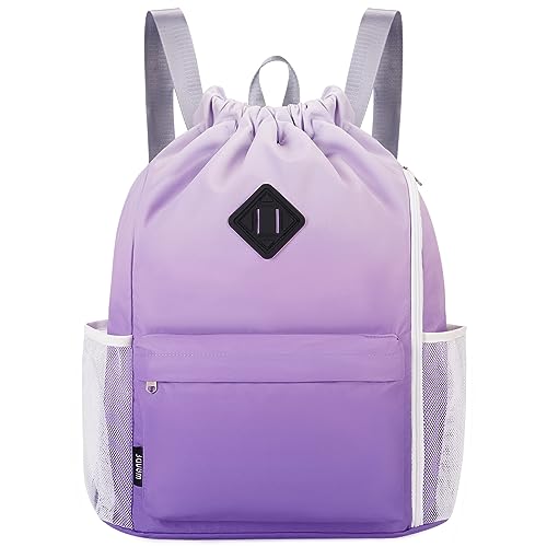 WANDF Drawstring Backpack Sports Gym Bag with Shoes Compartment, Water-Resistant String Backpack Cinch Bag for Women Men (Purple Gradient) - color: A-large Purple Gradient, size: Large