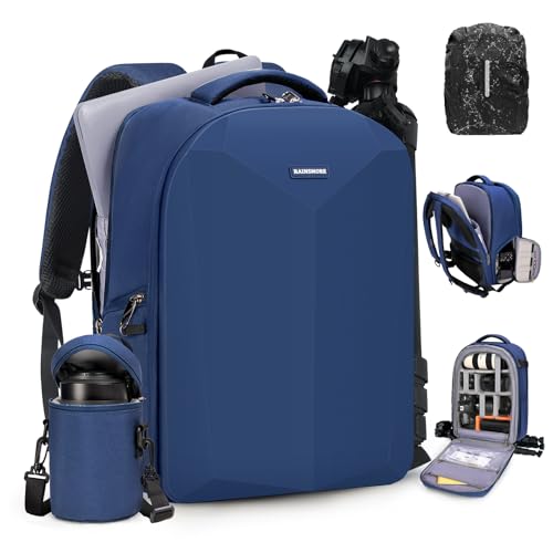 RAINSMORE Camera Backpack Hard Shell for DSLR/SLR Waterproof Camera Bag with Laptop Compartment 15.6 Inch Professional Camera Case with Rain Cover Photography Backpack Bag with Camera Lens Case Blue - color: Blue
