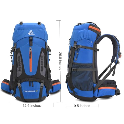 Bseash 60L Hiking Camping Backpack with Rain Cover, Waterproof Large Capacity Outdoor Sport Travel Daypack Climbing Touring (Light Blue) - color: Light Blue