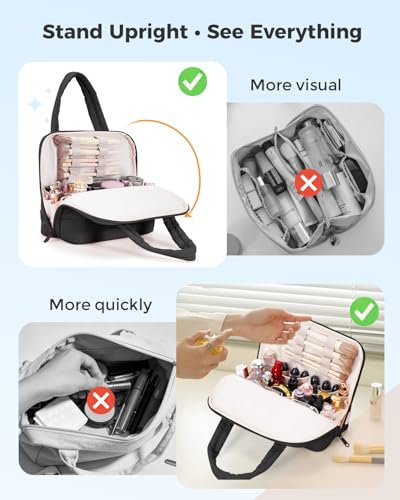 Wandering Nature Standing Makeup Bag for Travel, Portable Fold-down Cosmetic Organizer, Puffer Open Make Up Pouch with Handle & Divider & Brush Holder, Easy Clean Toiletry Bag with EVA Lining - color: A2: Black