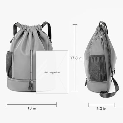 Sport Gym Bag Drawstring Backpack Beach Bag for Men Women with Shoe Compartment and Reflective Strips (Grey) - color: Grey