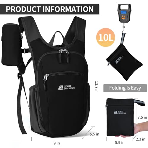 Hiking Backpack 10L/15L Small Daypack Lightweight Packable Travel Foldable Water Resistan for Women Men (Black, 10L) - color: Black, size: 10L