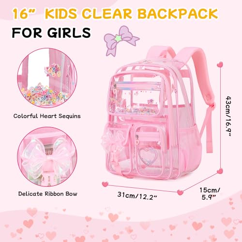 MOONBABY Clear Backpack for Girls, Clear Bookbag Heavy Duty Transparent Backpack for Stadium Events, See Through Back Pack for Kindergarten Elementary Middle High School, Pink - color: Pink