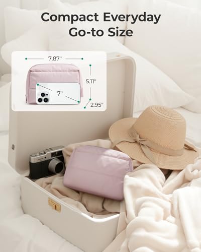 BAGSMART Puffy Makeup Bag, Wide Opening Cosmetic Organizer, Soft Water-Resistant Travel Toiletry Pouch for Women for Purse, Compact & Spacious - color: 02-Lilac