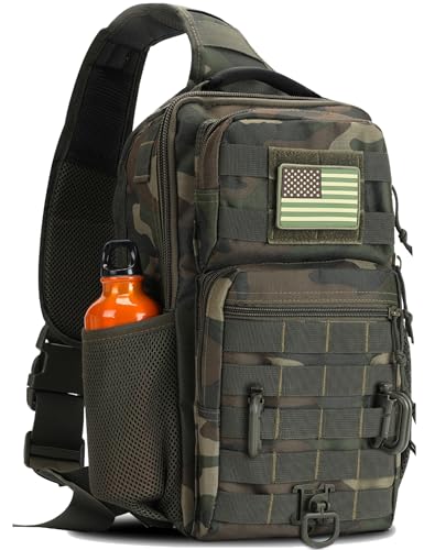 Rover Sling Pack Tactical Shoulder Sling Bag Backpack with Bottle Holder Crossbody Chest Bag, Woodland - color: Woodland