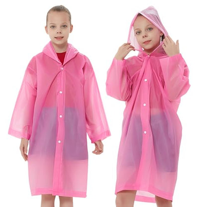 Rain Ponchos Raincoats for Kids, Reusable Boys Girls Rain Jackets Emergency with Hood for Family Disney Travel Outdoor - color: B-rose Red
