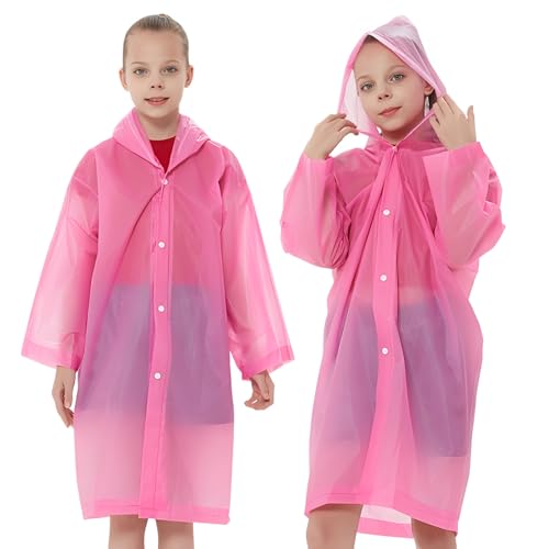 Rain Ponchos Raincoats for Kids, Reusable Boys Girls Rain Jackets Emergency with Hood for Family Disney Travel Outdoor - color: B-rose Red