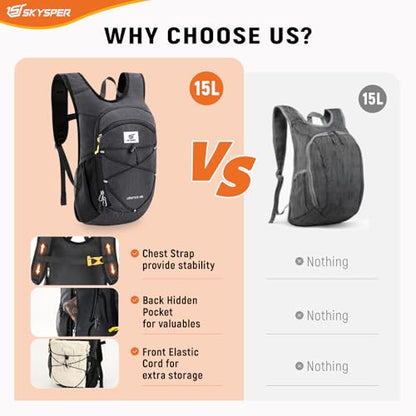 SKYSPER 15L/20L Foldable Hiking Backpack Lightweight Packable Travel Daypack with Chest Strap Small Folding Pack for Walking - color: Black, size: 15l