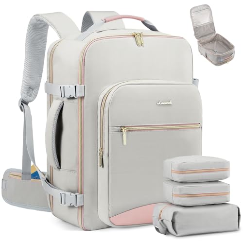 LOVEVOOK 40L Travel Backpack with Waist Strap,Flight Approved Carry on Backpack,Waterproof Personal Item Travel Bag,TSA Carry on Luggage Suitcase Travel Essentials,Gifts for Women & Men,fit 17" Laptop - color: A-light Gray-pink, size: Large-40L-4Pcs(Waist
