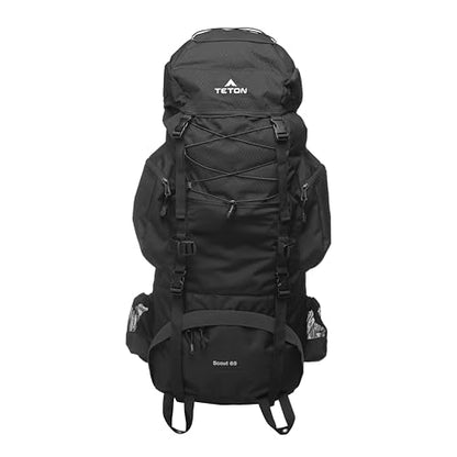 Teton 65L Scout Internal Frame Backpack for Hiking, Camping, Backpacking, Travel, Rain Cover Included, Black - color: Black, size: 65L