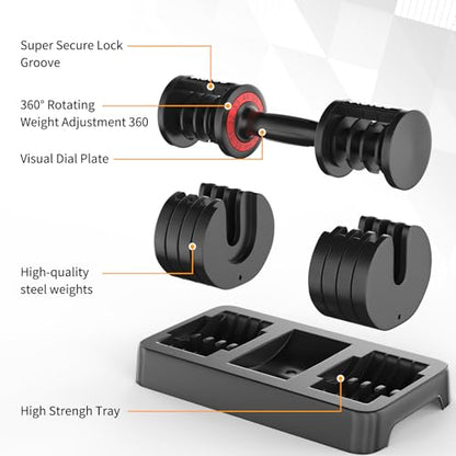 SKOK 25/55 lbs Pair Adjustable Dumbbells Set, Adjustable Weights Dumbbells Set for Men and Women with Anti-Slip Fast Adjust Weight by Turning Handle Dumbbell with Tray - color: 55lbs-Black-Single