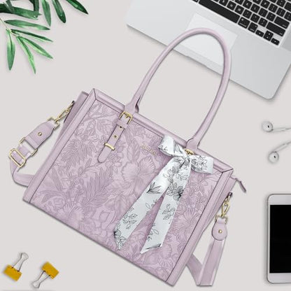 MOSISO Laptop Bag for Women, 17-17.3 inch PU Leather Tote Bag Compatible with MacBook, HP, Dell, Asus Notebook, Front Embossed Retro Hibiscus Computer Bags with Silk Scarf&Clutch Purse, Dusty Lilac - color: Dusty Lilac, size: 17.3 inch
