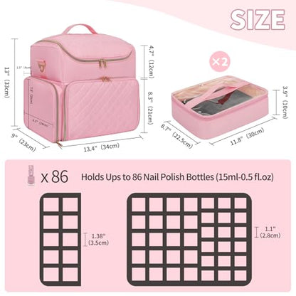 CUBETASTIC Extra Large Nail Polish Organizer Case Holds 86 to 100+ Bottles & Nail Lamp, Nail Supplies Storage Bag with 2 Removable Pouches, Nail Art Travel Box - color: Light Pink