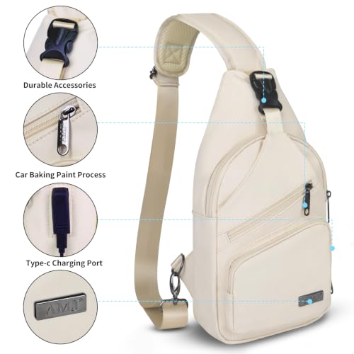 AMJ Crossbody Sling Bag Men Women, Casual Shoulder Backpack, Chest Daypack Satchel for Hiking Travel - color: Leather Beige, size: Small