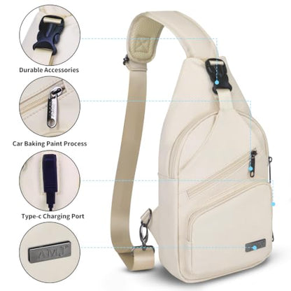 AMJ Crossbody Sling Bag Men Women, Casual Shoulder Backpack, Chest Daypack Satchel for Hiking Travel - color: Leather Beige, size: Small