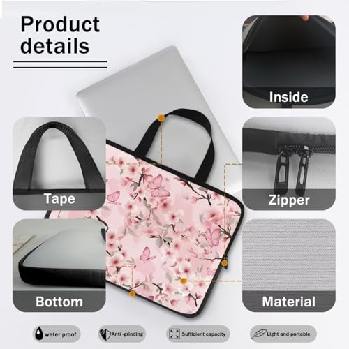 10 Inch Cherry Blossom Butterfly Computer Bag Sleeve with Handle, Protective Tablet Case with Zipper, Water-Repellent Fabric Laptop Bag, Notebook Sleeves Handbag for Travel/Business/School - color: Cherry Blossom Butterfly, size: 10 Inch
