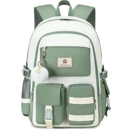 Hidds Laptop Backpack For College Women Elementary Middle High School Bag Teen Girls Bookbag Travel Daypack Backpacks (Green Beige) - color: Green Beige