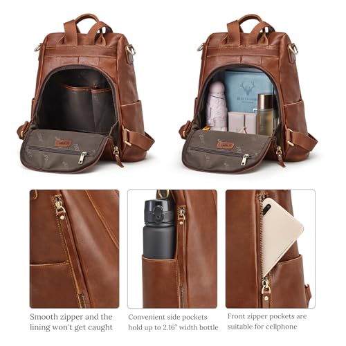 S-ZONE Leather Backpack Purses for Women Antitheft Rucksack Shoulder Bag Medium - color: 4-cognac