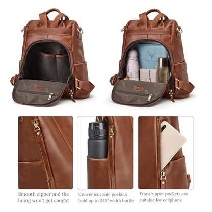 S-ZONE Leather Backpack Purses for Women Antitheft Rucksack Shoulder Bag Medium - color: 4-cognac