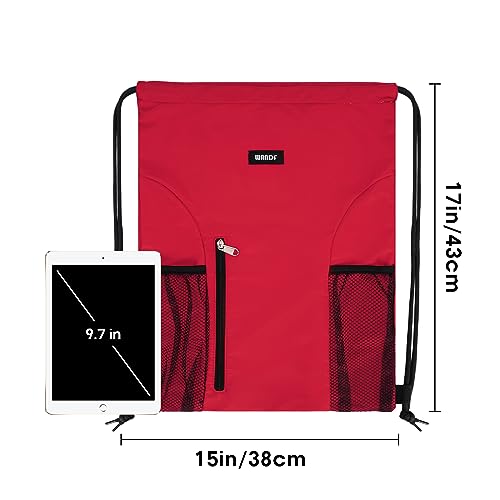 WANDF Drawstring Backpack Sports Gym Sackpack with Mesh Pockets Water Resistant String Bag for Women Men (Red) - color: Red