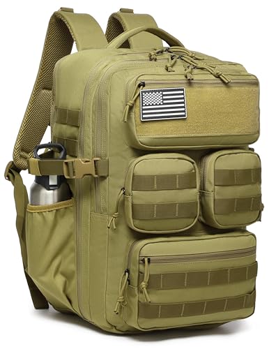 Wotony Tactical Backpack for Men, 25L/35L/45L EDC Backpack with Laptop Compartment, MOLLE System, Water-Resistant 900D Fabric, Multi-Pocket Travel Backpack for Hiking, Camping, Gym and Daily Use - color: Khaki, size: 35L