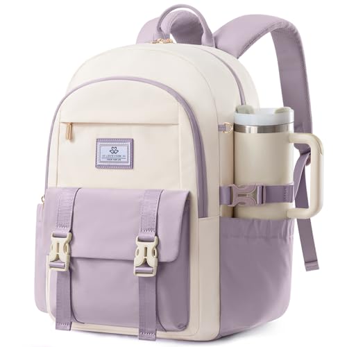 LOVEVOOK School Backpack for Teen Girls Boys,Bookbag for Middle High Student with Pouch Pocket for Large Bottle, Preppy College Bookbag, Waterproof Travel Daypack with 15.6 inch Laptop Compartment - color: Beige-light Purple, size: Medium-15.6" with Side