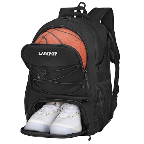 LARIPOP Basketball Backpack Large Basketball Bag with Ball Holder & Shoe Compartment for Adults Men Women - color: Black