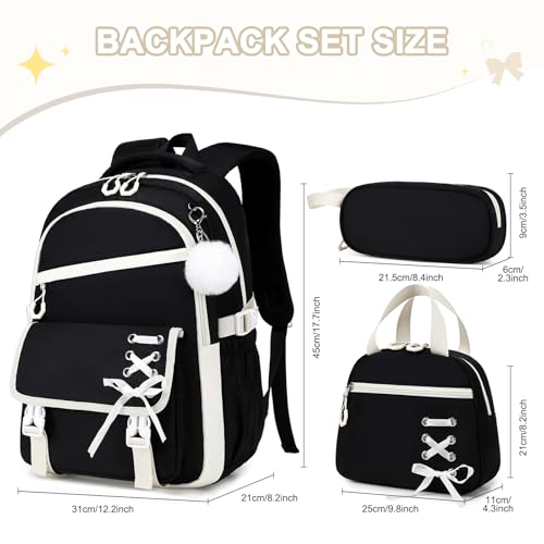 Scothen 3PCS Girls Backpack for School, Kids Backpack for Girls with Lunch Bag Pencil Case, Kids Bookbag Teen Backpacks for Elementary Middle High School - color: Black-white