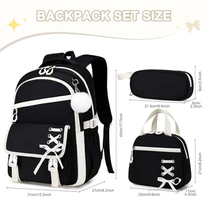 Scothen 3PCS Girls Backpack for School, Kids Backpack for Girls with Lunch Bag Pencil Case, Kids Bookbag Teen Backpacks for Elementary Middle High School - color: Black-white