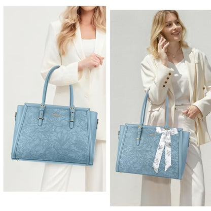 MOSISO Laptop Bag for Women, 17-17.3 inch PU Leather Tote Bag Compatible with MacBook, HP, Dell, Asus Notebook, Front Embossed Retro Hibiscus Computer Bags with Silk Scarf&Clutch Purse, Air Blue - color: Air Blue, size: 17.3 inch