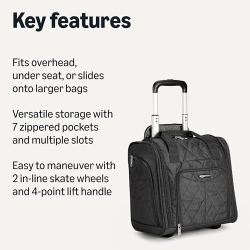 Amazon Basics Underseat Carry-On Luggage with Wheels, 14" Rolling Travel Bag with Compartments and Handle, Airline Compliant, Front Pocket, Black Quilted - color: Black Quilted