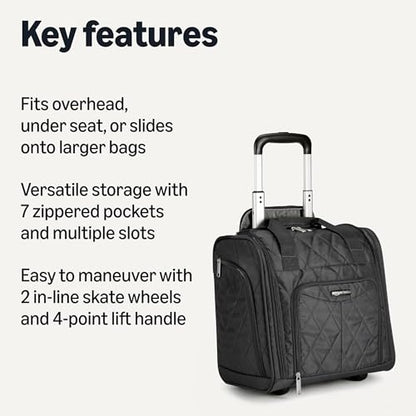 Amazon Basics Underseat Carry-On Luggage with Wheels, 14" Rolling Travel Bag with Compartments and Handle, Airline Compliant, Front Pocket, Black Quilted - color: Black Quilted