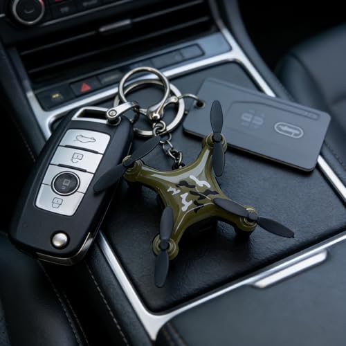2 Pcs Alloy Drone Keychains, 3D Drone Model Keychain for Bags, Purses, Keyrings & Charm Decor — Yellow and Camouflage