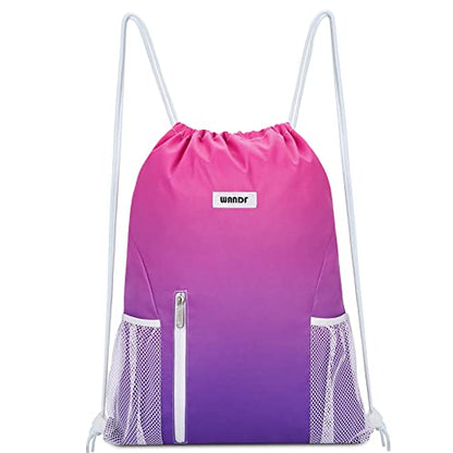 WANDF Drawstring Backpack Sports Gym Sackpack with Mesh Pockets Water Resistant String Bag for Women Men (Rose Red) - color: Rose Red