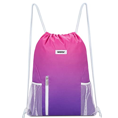 WANDF Drawstring Backpack Sports Gym Sackpack with Mesh Pockets Water Resistant String Bag for Women Men (Rose Red) - color: Rose Red