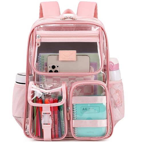 LXYGD Clear Backpack for School Stadium Approved Transparent Heavy Duty See Through College Bookbag Travel Work Daypack Security for Teens Girls Women Students (Pink) - color: Pink