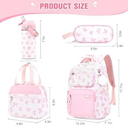 Bevalsa Backpack for Girls, Bow School Bookbag Teen Girls Backpack Set with 14oz Insulated Water Bottle Stainless Steel, Lunch Bag & Pencial Case for Kids Elementary Middle Student (Pink Bow) - color: Pink Bow