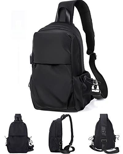 SEAFEW Small Black Sling Crossbody Backpack Shoulder Bag for Men Women, Lightweight One Strap Back Pack Sling Bag Backpack for Hiking Walking Biking Travel Cycling USB Charger Port-Nylon - color: Black-small