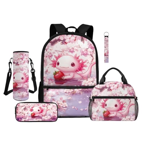 ZDCUSTOM Axolotl School Backpack for Kids 5PCS Set, Cute Backpacks with Pencil Case Water Bottle Holder Keychain, Pink Elementary Bookbag, Back to School Supplies for Boys Large Capacity - color: Strawberry Axolotl