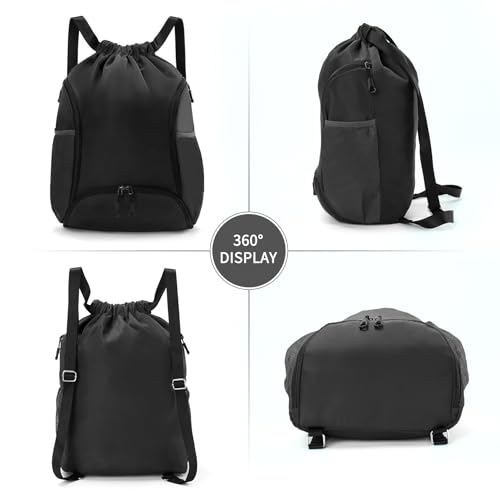 Valleycomfy Sports Gym Bag Drawstring Backpack with Shoes Basketball Bag and Two Water Bottle Holder,Black - color: Black