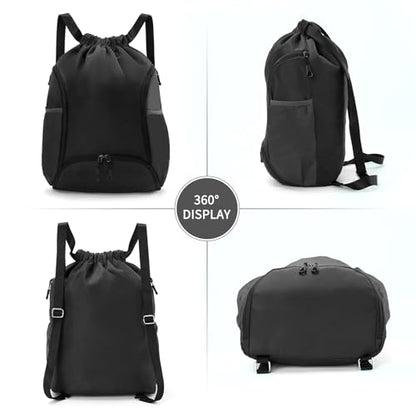 Valleycomfy Sports Gym Bag Drawstring Backpack with Shoes Basketball Bag and Two Water Bottle Holder,Black - color: Black