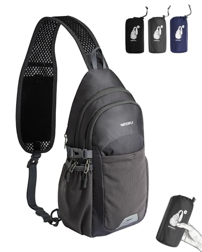 WATERFLY Packable Crossbody Sling Bag: Small Lightweight Travel RFID Blocking Sling Daypack with Water Bottle Holder - Shoulder Chest Bag Backpack for Women Men Hiking Traveling Theme Parks - color: Gray