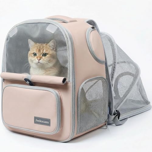 Cat Backpack Carrier Expandable,Pet Travel Backpack for Cats and Small Dogs, 1200D Waterproof Ventilated Mesh with Lockable Zippers, Foldable for Hiking Camping Vet, Up to 18 Lbs(Khaki) - color: Khaki
