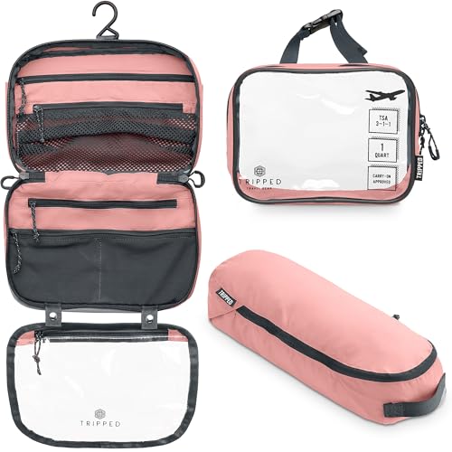 Toiletry Bag Kit 3 Piece Set: Hanging Travel Toiletry Bag + 311 TSA Cosmetic Liquid Bag + Accessory Organizer Pouch - color: Pink
