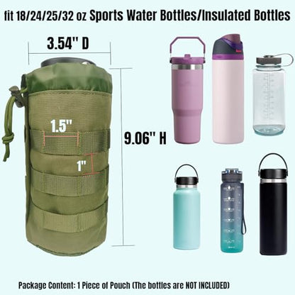 Tactical MOLLE Water Bottle Holder, Upgraded Water Bottle Pouch with Drawstring Open Top & Mesh Bottom, 16/24/25/32oz Water Bottle Carrier Bag with D-Ring Hook for Backpack - color: Green