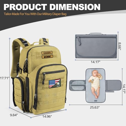 MIRACOL Military Diaper Bag for Dad - Tactical Style Baby Backpack with MOLLE & Changing Pad - 14 Compartments Rugged Design for Outdoor Travel Camping Tan - color: Khaki W/ Changing Mat