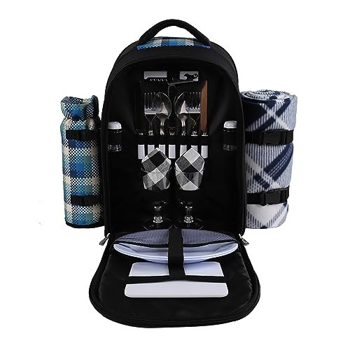 apollo walker Picnic Backpack Bag for 2 Person with Cooler Compartment, Detachable Bottle/Wine Holder, Fleece Blanket, Plates and Cutlery Set - color: Black1, size: 2 Person